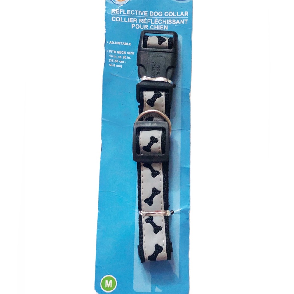Reflective Dog Collar Gray/Black Bone Print Adjustable Size Medium